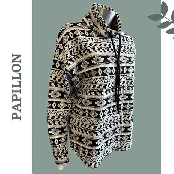 Papillon Mock Neck Aztec Print Pullover Black Cream Long Sleeve Size XS - Picture 4 of 8